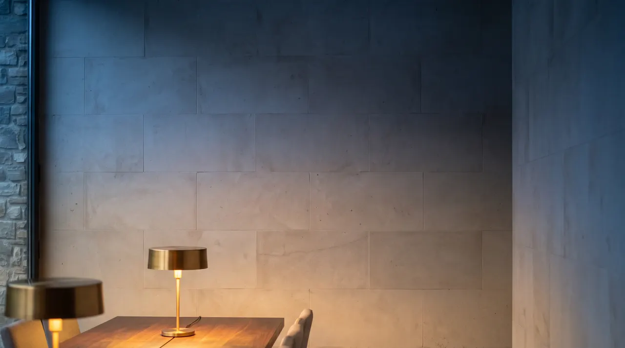 El logotipo de Vaultbit en cristal esmerilado sobre la pared de piedra de la casa