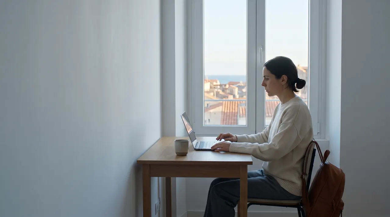 Una mujer trabaja con su portátil junto a la ventana de su piso al amanecer