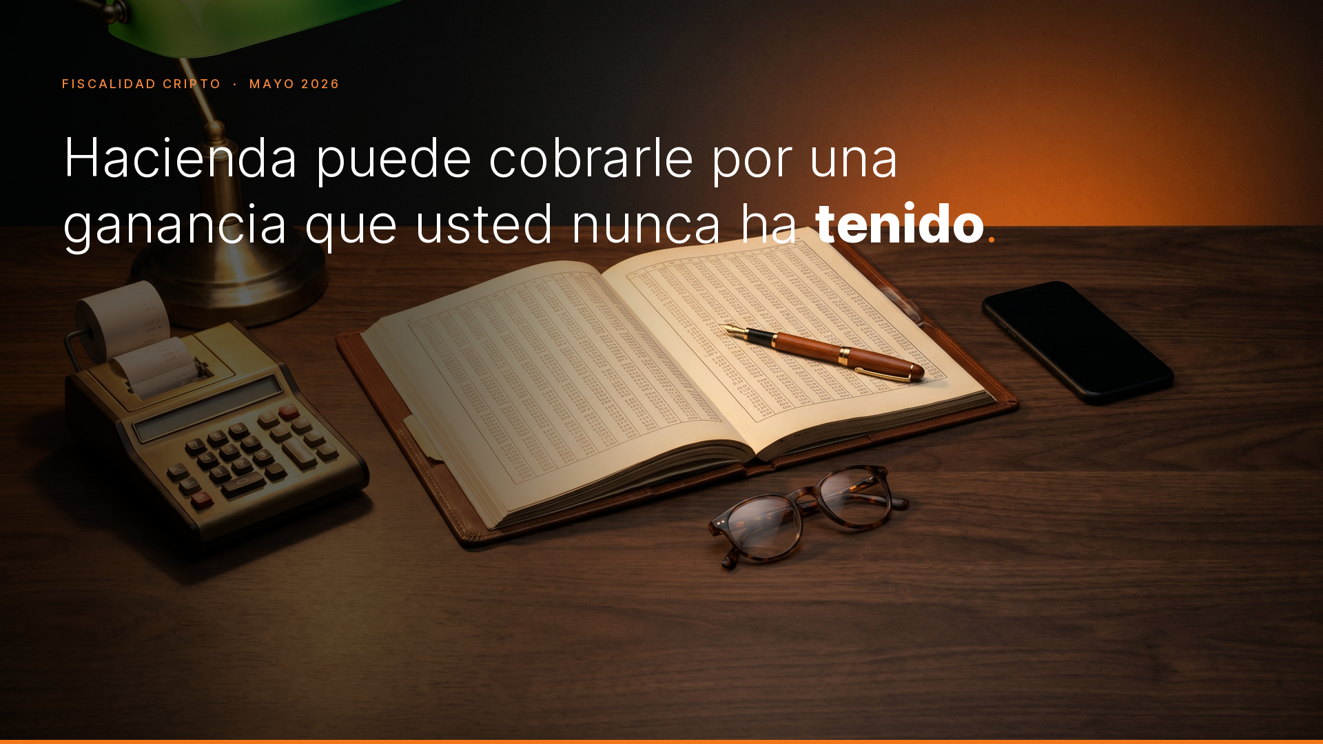 Escritorio editorial con libro de registros contables abierto, calculadora vintage de cinta, gafas y lámpara de banquero en tonos anthracite y naranja Vaultbit. Cabecera de la newsletter sobre el método FIFO global de Hacienda en Bitcoin.