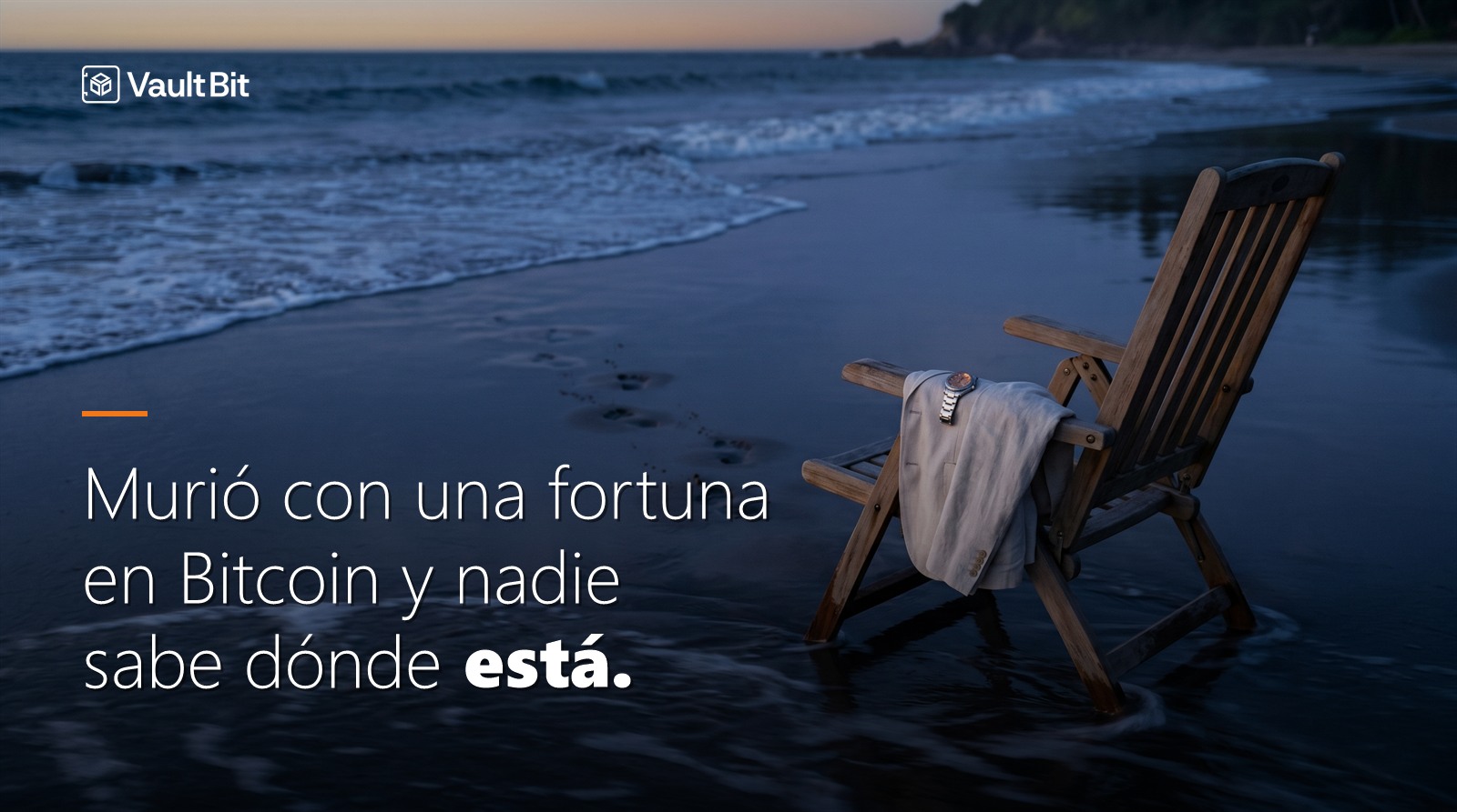 Fotografía cinematográfica al anochecer de una tumbona de madera vacía en la orilla de una playa, con una camisa de lino y un reloj de pulsera encima, mientras la marea sube y unas huellas se pierden hacia el mar. Cabecera de la newsletter #003 de Vaultbit Advisory sobre el Bitcoin que se pierde en silencio cuando su dueño fallece sin dejar instrucciones.