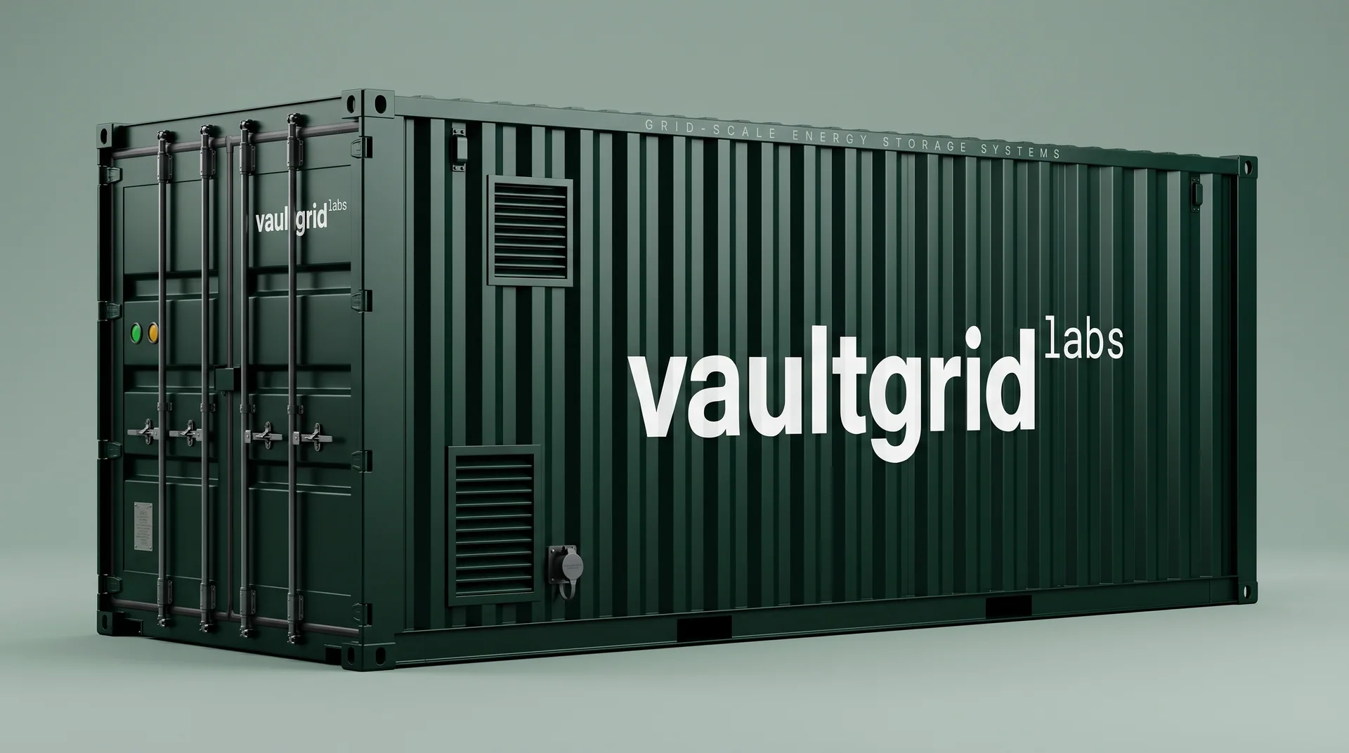 Contenedor BESS VaultGrid Labs de 20 pies con la marca rotulada en el lateral
