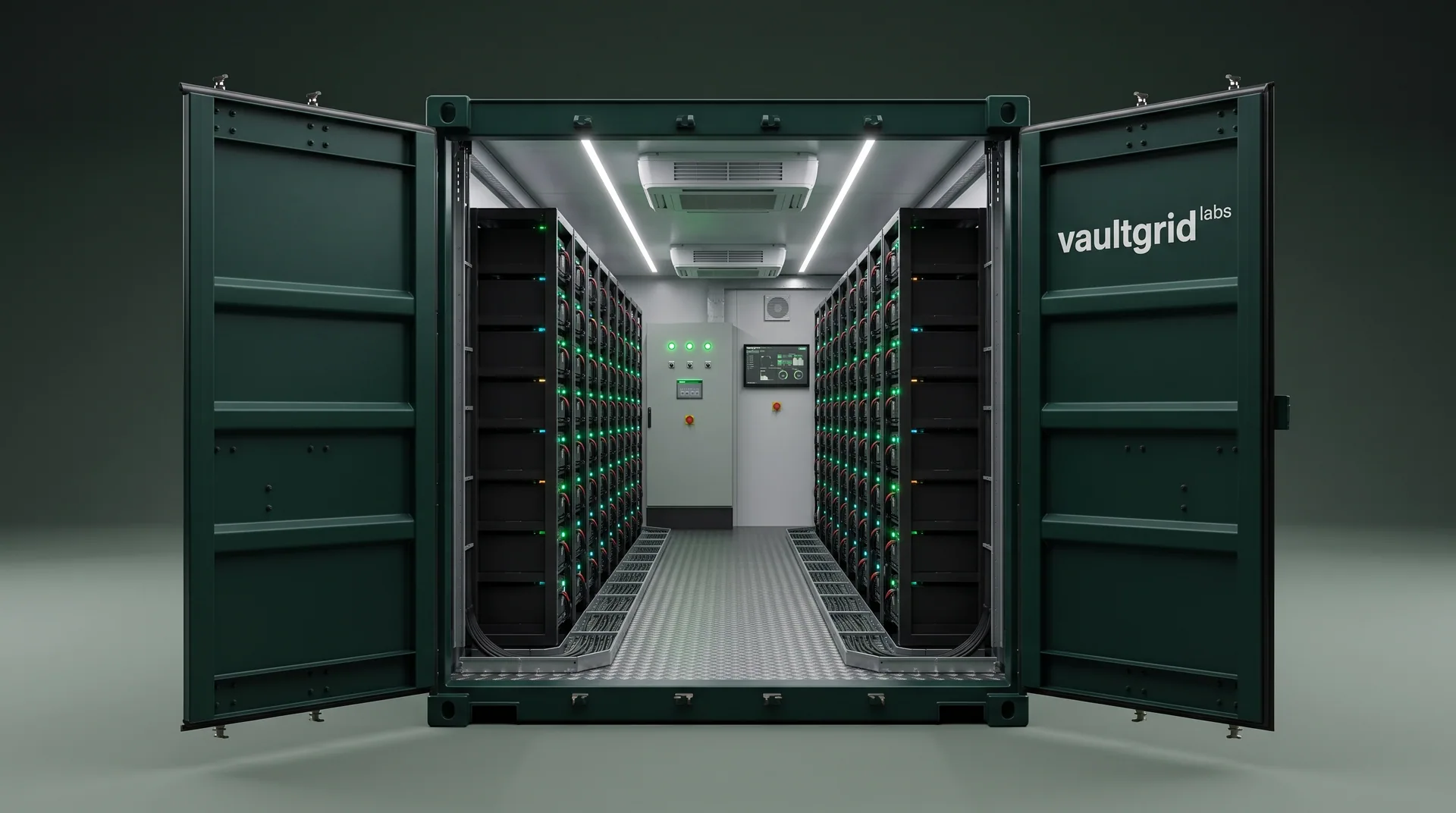 Recreación de un contenedor BESS con las puertas abiertas mostrando los racks de batería