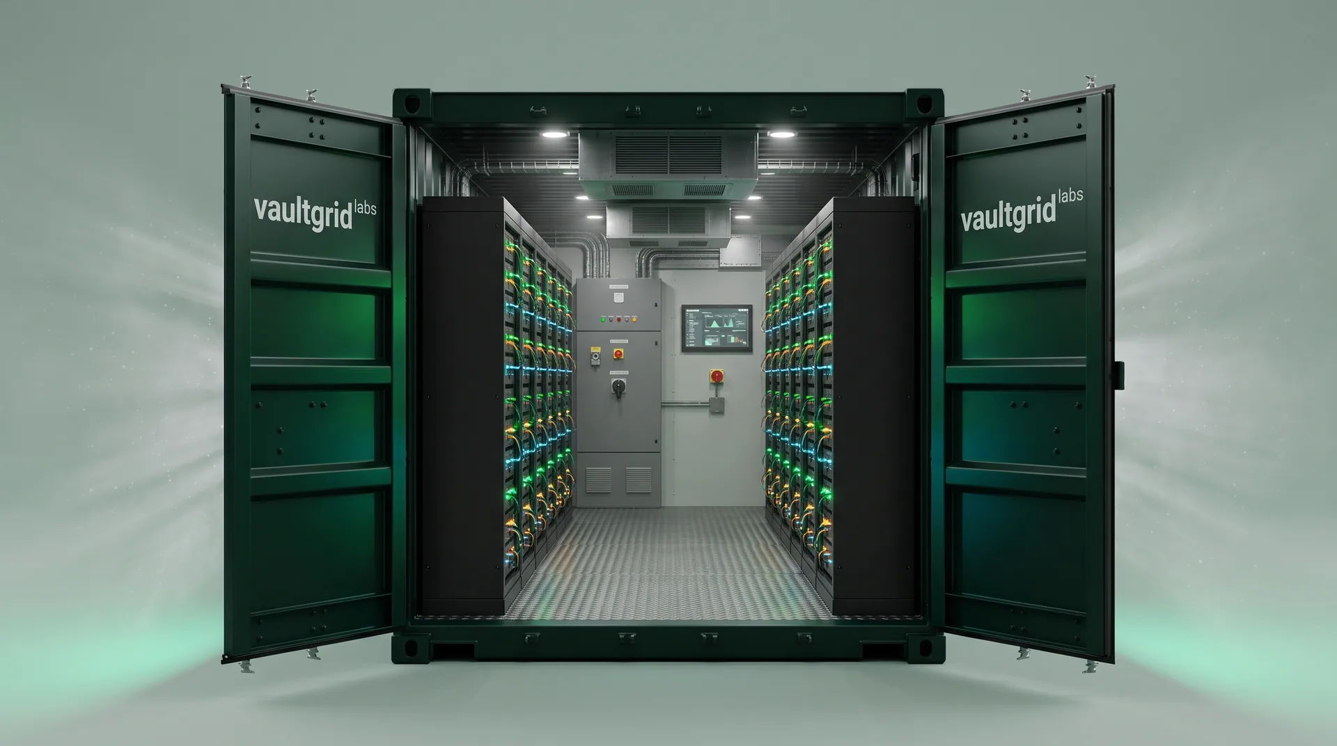 Recreación del interior del contenedor con los racks de batería y el pasillo de servicio